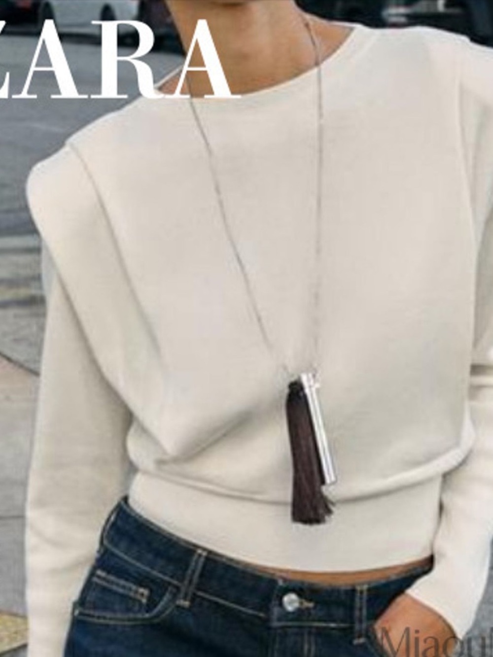 ZARA Cream Structured-Shoulder Crew Sweater